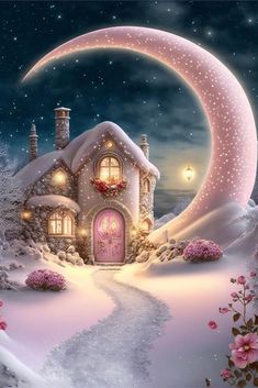 a painting of a house on a snowy hill with a crescent moon in the background