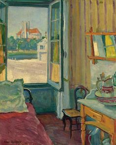 a painting of a bedroom with an open window