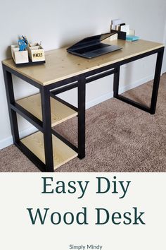 Photo of a simple wood desk with with 2 open shelves. Cheap Wooden Desk, Small Desk Diy, Wood Desk Diy, Diy Simple Desk, Diy Desk With Storage, Diy Wood Desk