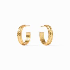 This hoop's hand-hammered golden bands softly glint and glimmer in the light. Gents Shirts, Julie Vos, Knit Shoes, Gold Hoops, Gold Plated Earrings, Gold Hoop, Pierced Ears, Earring Backs, Ring Necklace