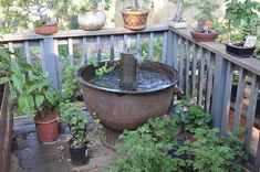 an outdoor water fountain surrounded by potted plants on a wooden deck in front of a house