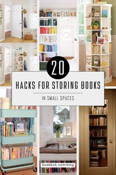 there are many bookshelves that have been placed in small spaces for the home