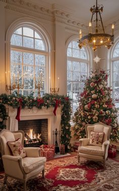 a living room decorated for christmas with a tree in the corner