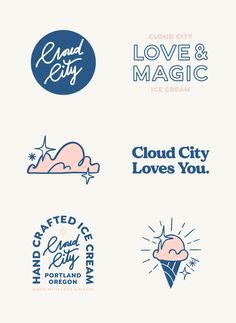 the logos for cloud city ice cream are shown in blue, pink and white colors