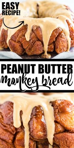 two pictures showing how to make a peanut butter monkey bread with icing on top