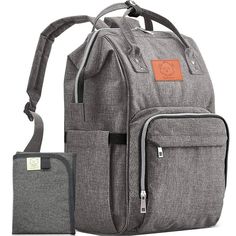 a gray backpack with an orange tag on the front and side pocket, sitting next to it