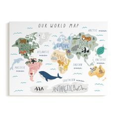 a woman holding up a poster with animals and the words our world map on it