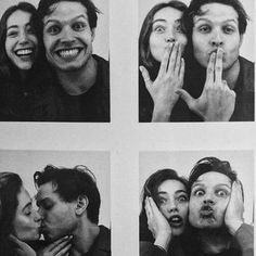 four different pictures of people making faces with their hands and fingers together, one is kissing the other's cheek