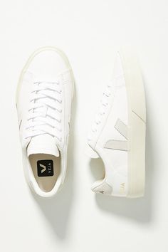 Crafted from chrome-free leather with an organic cotton and recycled polyester insole, this pair fuses responsible design with timeless style. | Campo Leather Sneakers by Veja in Grey, Women's, Size: 41, Polyester/Cotton/Leather at Anthropologie Veja Women Sneakers, White Work Sneakers, Vejas Campo Sneaker, White Sneakers Women’s, Veja Shoes Outfit Women, Women’s White Sneakers, Veja Sneakers Outfit Women, Cool Sneakers Women, Europe Sneakers