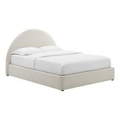 a bed with white linens and pillows on top of the headboard, in front of a white background