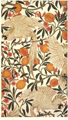 an orange and white wallpaper with birds, flowers and leaves on it's sides