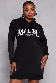 Sweatshirt Dress, Short Length Dress, Long Sleeves, Hoodie, Lined, Graphic Print, Graphic: Malibu California, Fleece, Item Number 3390073376021 Plus Size Short Dresses, Puma Outfit, Hooded Sweatshirt Dress, Boys School Uniform, Romper And Jacket, Malibu California, Dress Long Sleeves, Print Graphic, Girls Pajamas