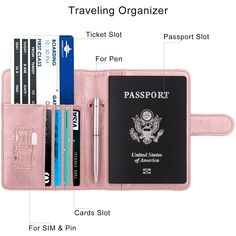 a passport case with an id card holder and two credit cards in the front pocket