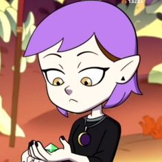 a cartoon character with purple hair holding something