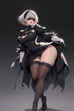 a woman with white hair and black stockings