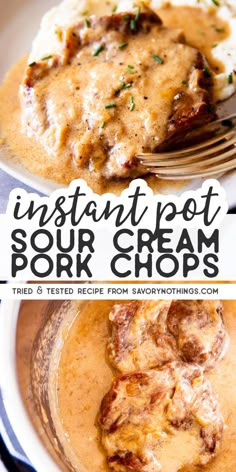 instant pot sour cream pork chops on a plate with mashed potatoes and gravy