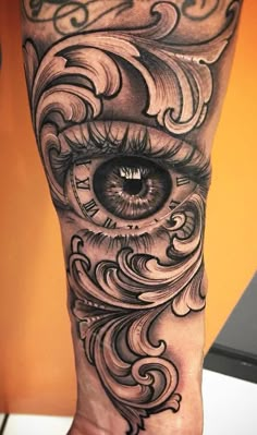 a tattoo with an eye and swirls on it