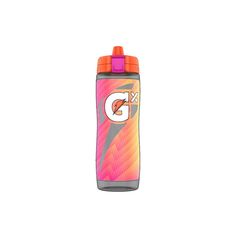 a water bottle with the letter g on it and an orange cap is shown in front of a white background