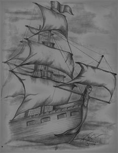 a drawing of a pirate ship in the ocean