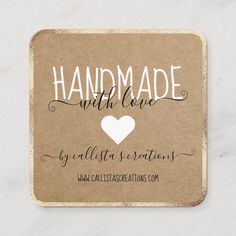 a square coaster with the words, handmade with love and a heart on it