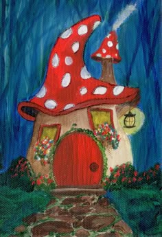 a painting of a mushroom house with a red door