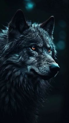 a black wolf with orange eyes staring into the distance