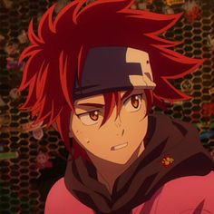 an anime character with red hair wearing a pink hoodie and black cap looking at the camera