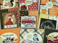 many different cards with animals and leaves on them, all in oranges and browns