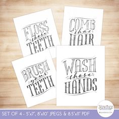 four black and white hand lettered cards with the words brush, wash, and hands