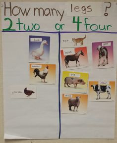 a bulletin board with pictures of farm animals and their names on it's side