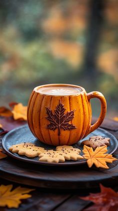 a pumpkin shaped cup sitting on top of a black plate next to cookies and leaves