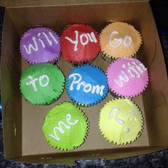 six cupcakes in a box with the words will you go to prom written on them