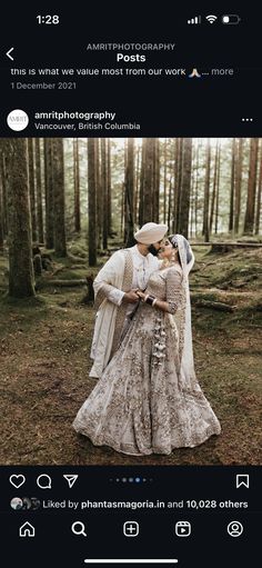 two people are kissing in the woods on their wedding day, and there is an instagram post about them