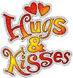 the words hugs and kisses written in red, yellow and orange on a white background