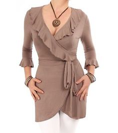 Great Shopping New Ruffle Detail Tunic Wrap Top - Three Quarter Sleeve, women's tops Fitted Brown Wrap Top, Fitted Wrap Beige Top, Fitted Beige Wrap Top, Beige Fitted Wrap Top, Wrap Top, Three Quarter Sleeves, Quarter Sleeve, Fashion Tops, Women's Tops