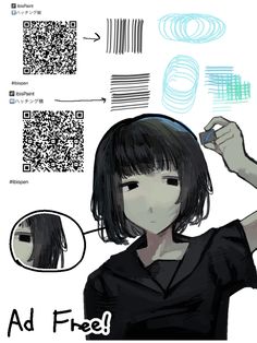 a drawing of a girl with black hair and an ad free qr code above her head