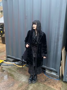 Goth Fur Coat Outfit, Trad Goth Winter Outfit, Goth Snow Outfit, Cold Weather Alternative Outfit, Warm Gothic Outfits, Goth Fur Coat, Winter Goth Clothes, Goth Winter Jacket, Goth Winter Clothes