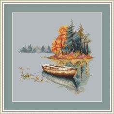 a cross stitch picture of a small boat on the water with trees in the background