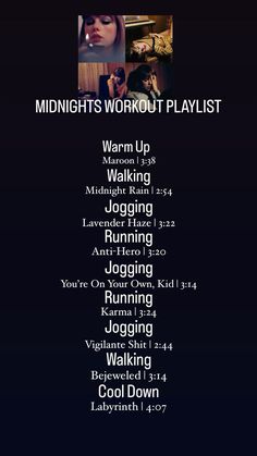 the poster for midnights workout playlist, which features images of people and their names