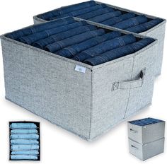 two denim storage bins are shown next to each other with folded jeans in them