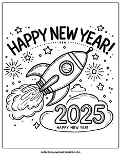 a happy new year coloring page with a rocket flying in the sky and fireworks around it