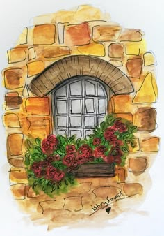 a watercolor painting of a window with flowers in the window sill and brick wall