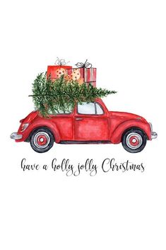 a red car with christmas presents on the roof and lettering give a holly jolly christmas