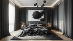 a bedroom with black and white decor on the walls