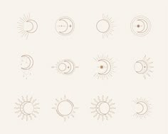 the sun, moon and stars are drawn in different ways on a white background illustration