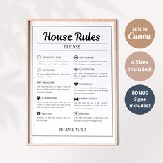 a printable house rules sign hanging on the wall next to it's wooden frame