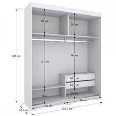 the measurements for a closet with drawers and shelves