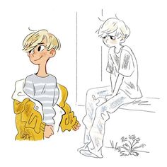 a drawing of a boy sitting on a bench next to another person who is looking at him