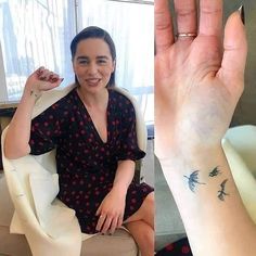 a woman with a tattoo on her left hand and an image of a bird on her right wrist