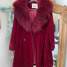 Vintage Faux Fur Beautiful Coat. It's So Cool! Fits Up To Around A Size 8/10 70s Coat Retro Long Sleeve Winter Fur Coat, Retro Long Sleeve Fur Coat For Winter, Winter Party Burgundy Blazer, Red Long Sleeve Fur Coat For Winter, Red Long Sleeve Fur Coat For Fall, Red Single-breasted Outerwear For Winter, Red Fur Coat With Faux Fur Trim For Fall, Retro Burgundy Long Sleeve Outerwear, Red Fur Coat With Faux Fur Trim For Winter